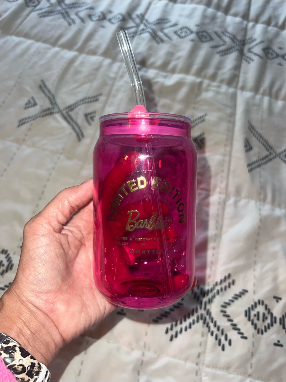Barbie jar glass with lid & straw.